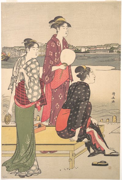 Ukiyo-e kleurenprent van drie schoonheden door Torii Kiyonaga door Torii Kiyonaga